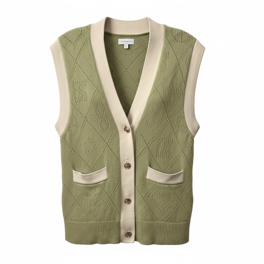 Sandro Espoir Sweater Cardigan Vest Size 0 XS Green Contrast Trim Button Front